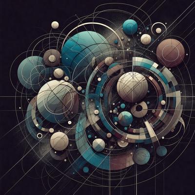 The primary subject of the image is a colorful and intricate design featuring various shapes, including circles and spheres. The setting is a dark background, which contrasts with the vibrant colors and patterns of the design. The visual style is a combination of digital art and illustration, creating a unique and eye-catching piece. The dominant colors are blue, red, and yellow, with a lively and energetic atmosphere.
